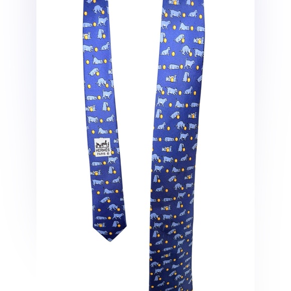 Hermès Silk Tie Dog Print Blue Made in France - Picture 3 of 5